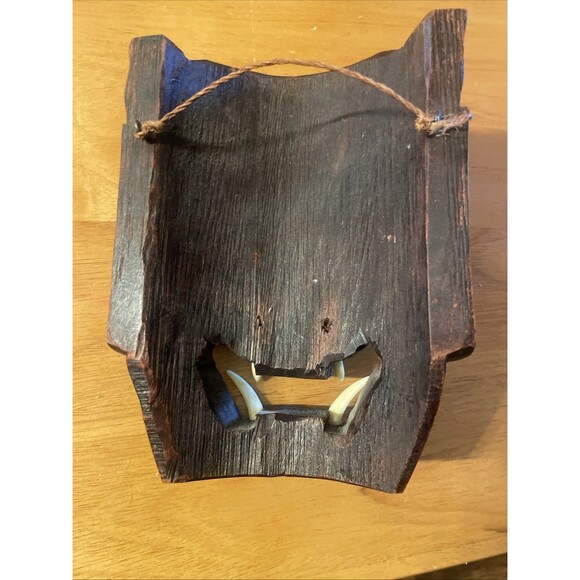 Japanese Wood Oni Mask Noh Carved Kyougen Kagura Hannya Devil Demon Wall - Picture 2 of 8